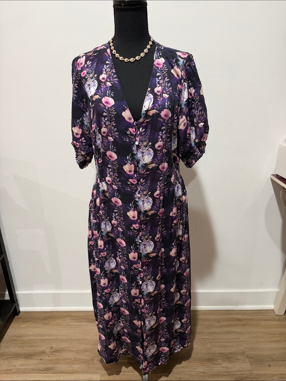 Disturbia Purple Floral V-Neck Midi Dress with Pink Accents